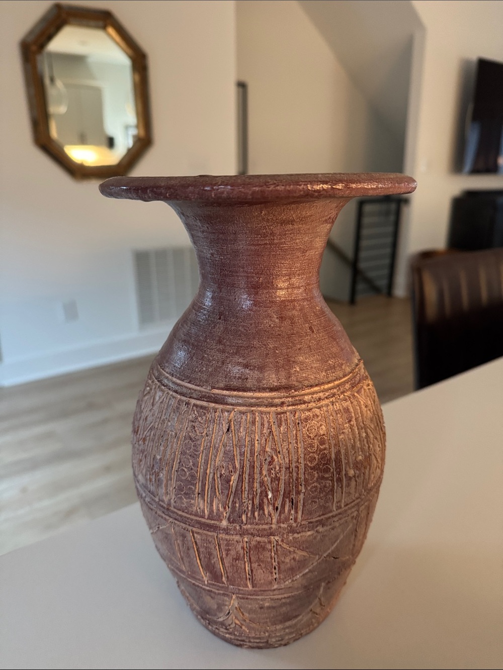 Carved Rustic Terra Cotta Accent Vase in Brown